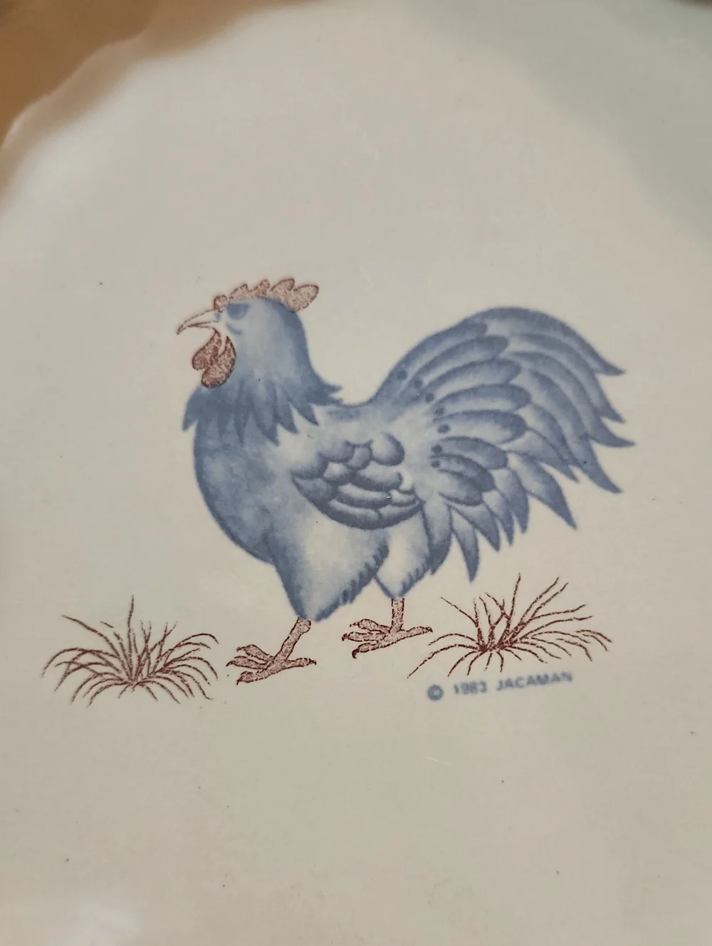 Vintage 1983 Jacaman Pie Dish Rooster Chicken Blue & Red